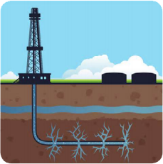 Illustration of a drilling rig with a horizontal underground pipe, showing hydraulic fracturing cracks releasing resources from rock layers—a process often mapped using GIS Mineral Rights for precise resource management.