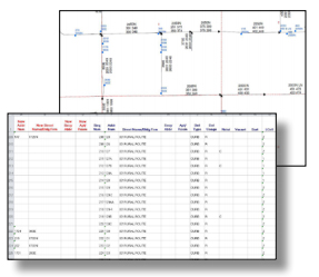A digital table with numerical data is overlaid on a technical engineering diagram with labeled measurements and symbols, illustrating the integration of GIS for E911 in emergency response planning.