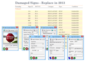 Spreadsheet listing damaged street signs for replacement, featuring overlay windows with sign details, a photo of a stop sign, and integration with GIS assets for precise location tracking.