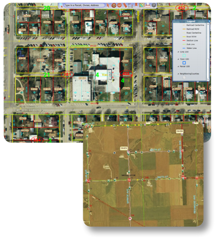 Two aerial map screenshots from a GIS website: the top shows a dense urban neighborhood with property lines, while the bottom depicts a rural area with larger fields and fewer roads.