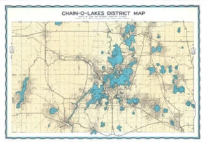 Map titled "Chain-O-Lakes District Map" featuring interconnected lakes, land areas, and grid lines representing roads and boundaries—similar in detail to sidwell maps.