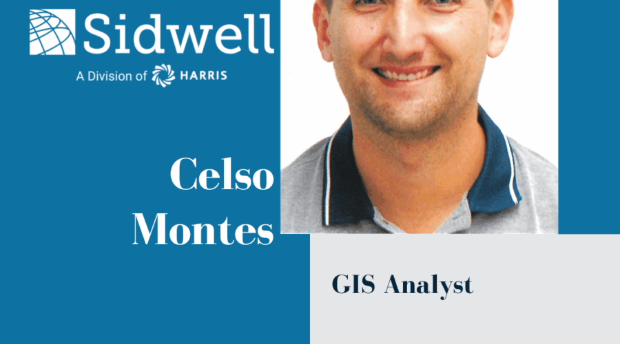 A man, Celso Montes, smiles at the camera next to the Sidwell company logo and the text: "Celso Montes, GIS Analyst," with the website www.sidwellco.com.