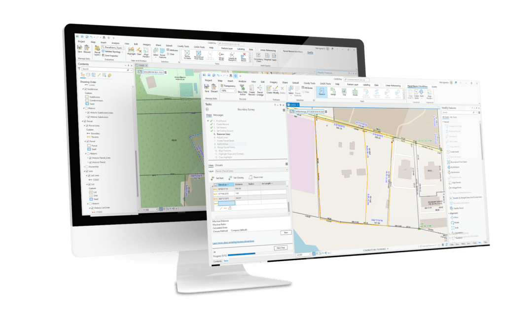 A computer monitor displaying agriculture GIS software with maps, tools, and editing panels visible on the screen.
