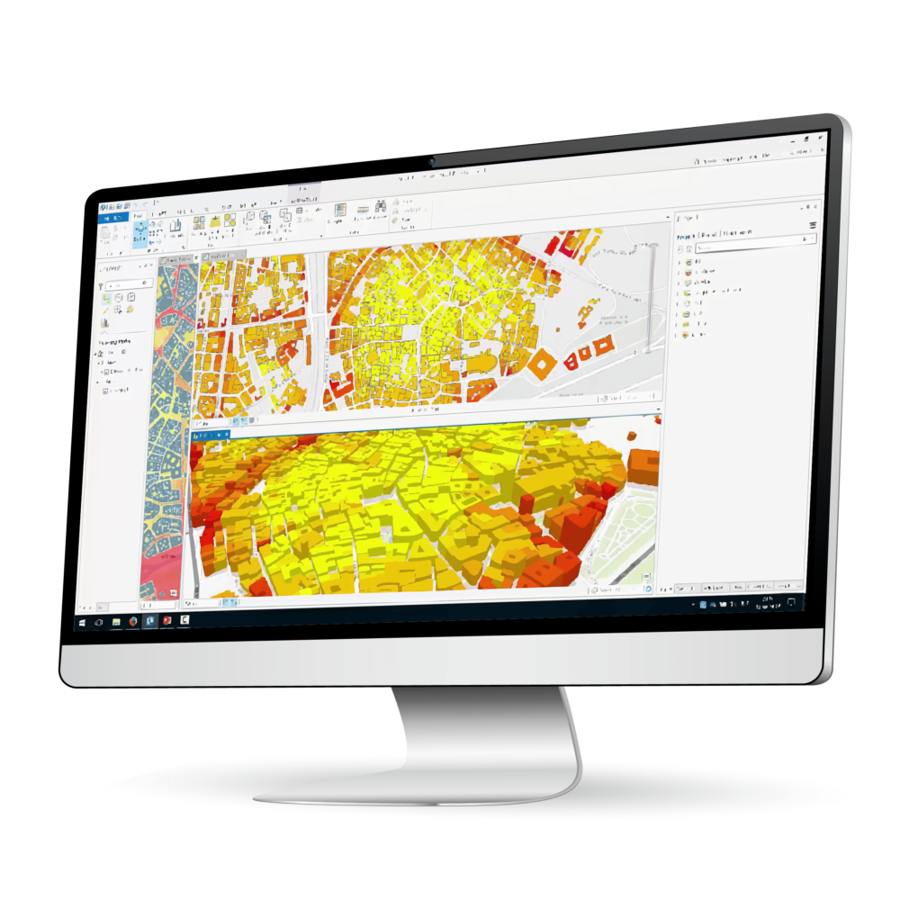arcgis pro migration A desktop monitor displays an arcgis pro migration in progress, showcasing GIS mapping software with 2D and 3D urban analysis maps in yellow, orange, and red tones.