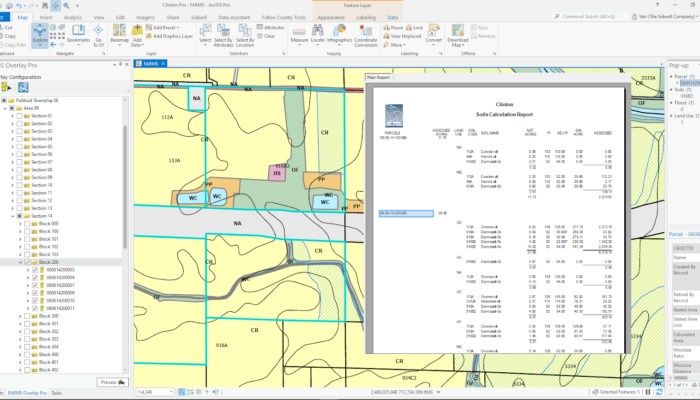 A GIS software interface displays a map with color-coded parcels and attributes; the FARMS (Farmland Assessment And Report Management System) Soil Calculation Report window, featuring tables and a small image, is open over the map.