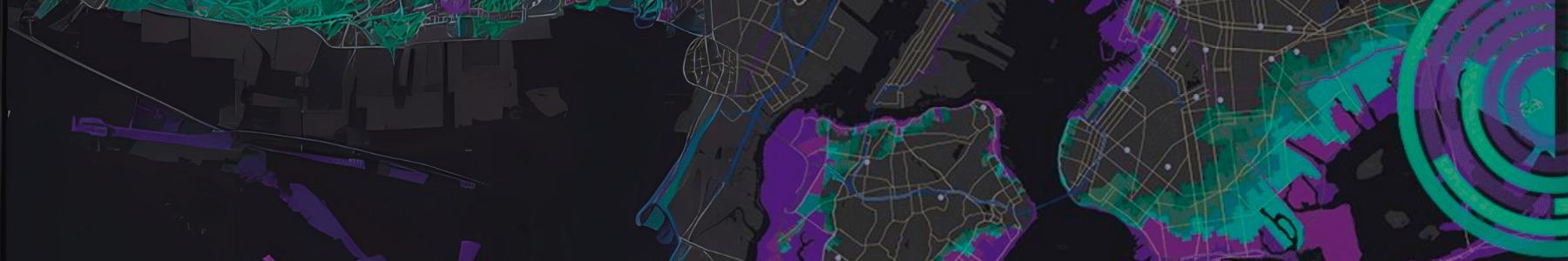 Stylized map showing parts of New York City with highlighted areas in teal and purple, overlaid on a dark background with visible street and waterway outlines—ideal for illustrating gis managed services.