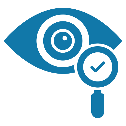 Blue icon of an eye with a magnifying glass containing a check mark overlapping the right side, symbolizing precision and clarity in agriculture GIS.