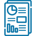 Blue icon of two stacked report pages featuring agriculture GIS elements such as a pie chart, bar graph, text lines, and a rectangular graphic element.
