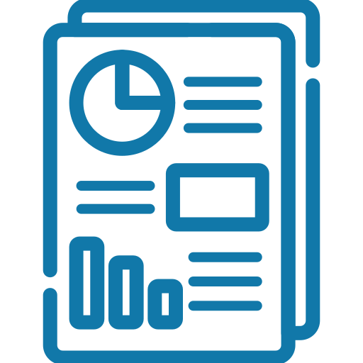 Blue icon of two stacked report pages featuring agriculture GIS elements such as a pie chart, bar graph, text lines, and a rectangular graphic element.