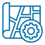 Blue line icon of a map with a gear symbol, representing agriculture GIS map settings or customization options.