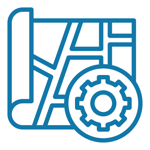 Blue line icon of a map with a gear symbol, representing agriculture GIS map settings or customization options.