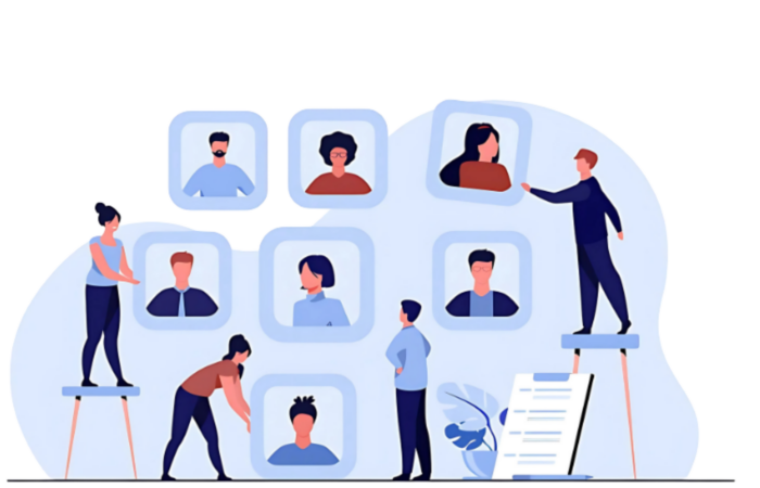 gis managed services Illustration of people selecting headshots from a grid, with two individuals on platforms and others discussing imagesโsymbolizing collaboration and organization, much like GIS managed services. A clipboard and plant are also visible.