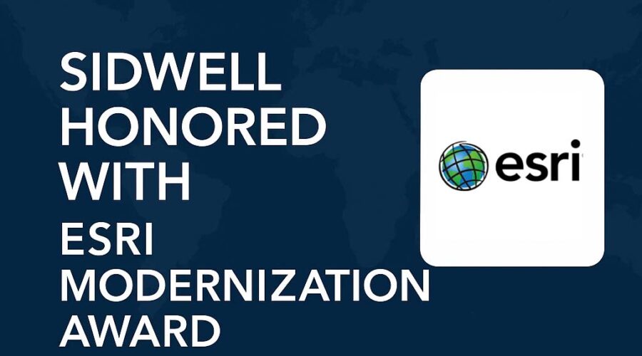 Graphic announcing that Sidwell received the Esri Modernization Award for advancing GIS solutions and technology, featuring the Esri logo on a dark blue background.
