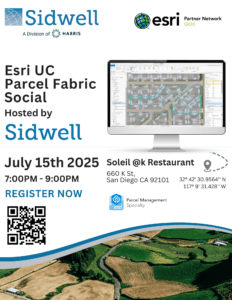 Event flyer for the Esri UC Parcel Fabric Social hosted by Sidwell at UC 25 on July 15, 2025, from 7–9 PM at Soleil @ K Street, San Diego, featuring registration details and map visuals.
