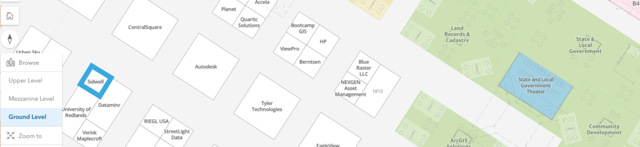 Map of an exhibition floor showing company booths, including Sitrion, Tyler Technologies, Autodesk, and Sidwell at UC 25ac, with colored zones for different areas and a highlighted State and Local Government Theater.