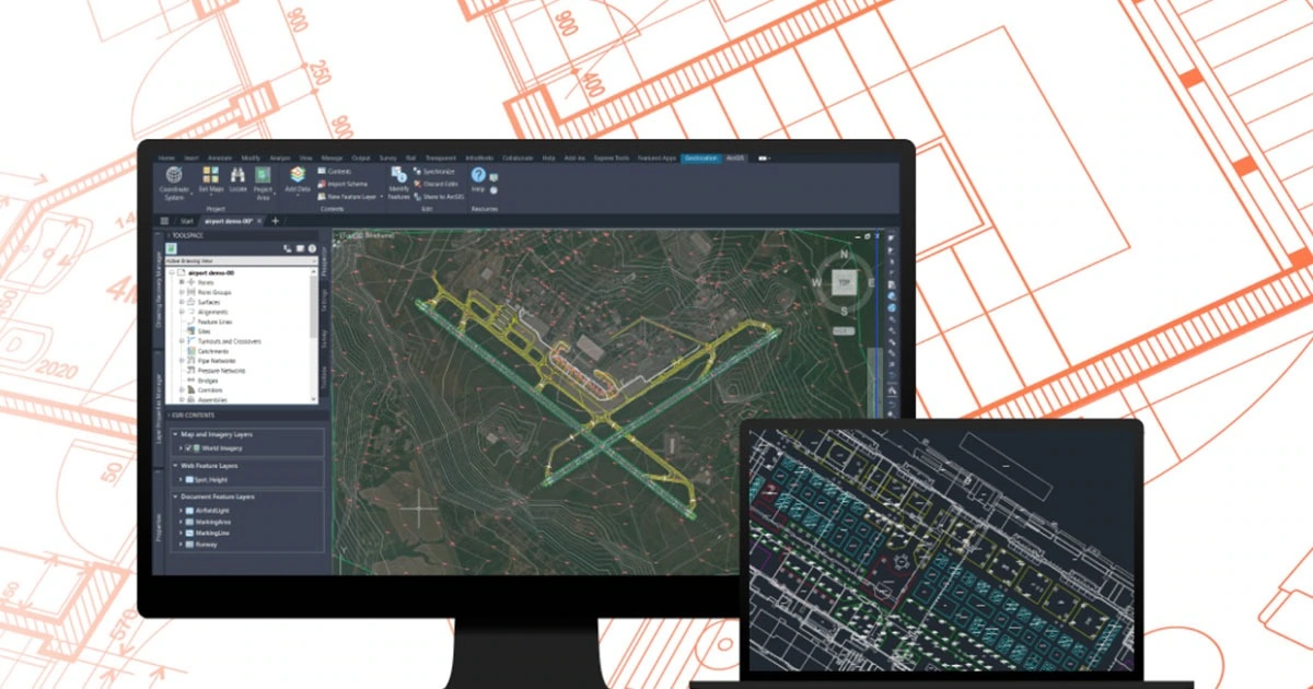 A computer monitor displays a satellite map with highlighted public safety GIS routes, while a tablet shows a detailed technical diagram; blueprint graphics are in the background.