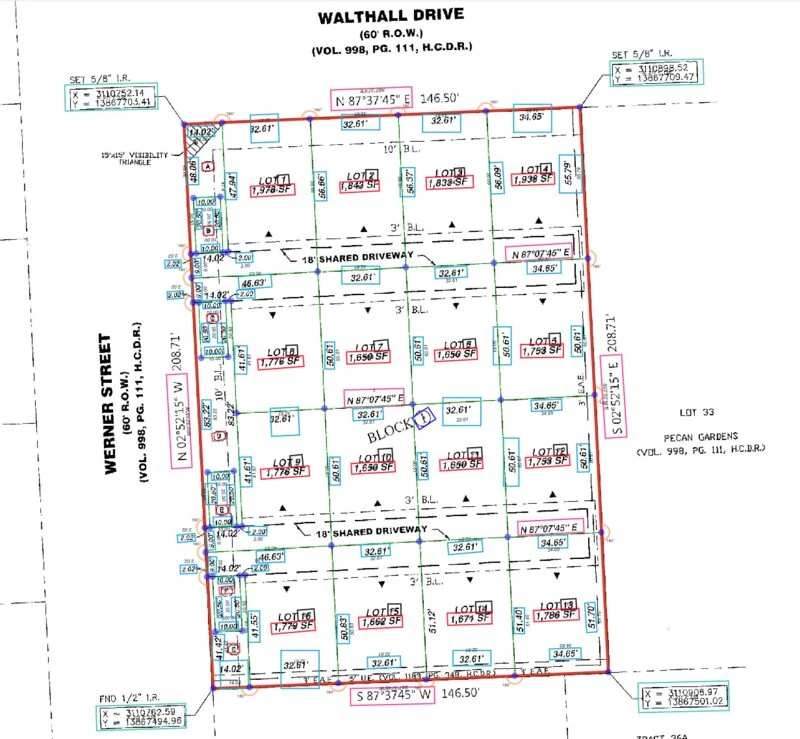 Subdivision plat map showing multiple residential lots, labeled measurements, two shared driveways, bordering streets Werner Street and Walthall Drive, and various easements and utility notes.
