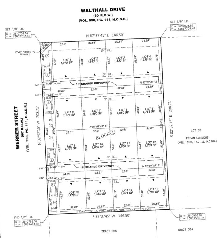 A black-and-white plat map showing eight residential lots, labeled lots 1–8, with dimensions, driveways, and adjacent streets Werner Street and Walthall Drive.