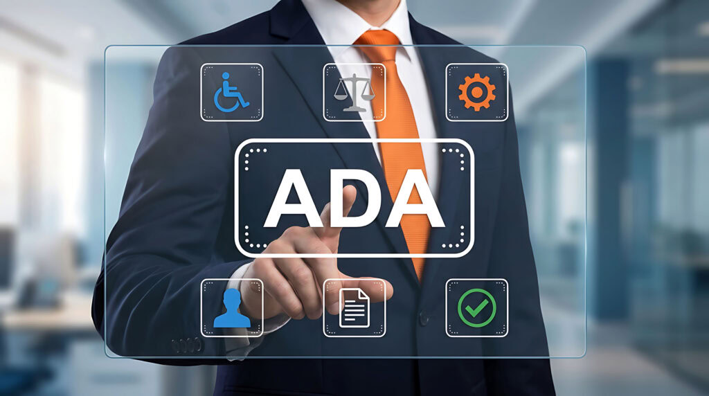 Businessman in suit touching a virtual screen with ADA GIS compliance and icons related to accessibility, legal scales, settings, user profile, documents, and a green checkmark in an office setting.